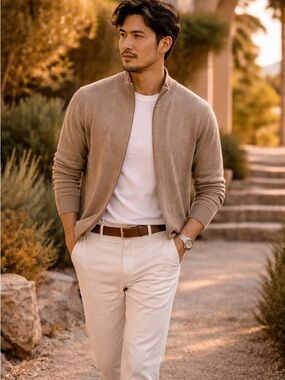 Lindbergh Merino Wool Zip Up Sweater Beige Slim Fit Size M Minimalist Luxury